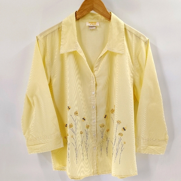 Tia Designs Yellow And White Button Up Blouse Size XL Beads And Butterflies - Picture 1 of 7